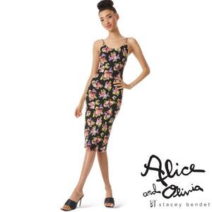 ALICE + OLIVIA *NWT* Delora Spaghetti Strap Fitted MIDI Dress in Magnolia Floral